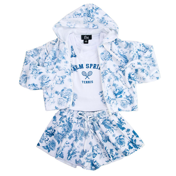 Flowers By Zoe Zip Up Hooded Sweatshirt- Blue Toile Floral