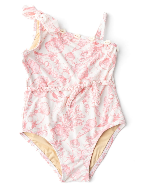 Shade Critters One Shoulder 1 Piece Swimsuit- Coral Seaside Toile 