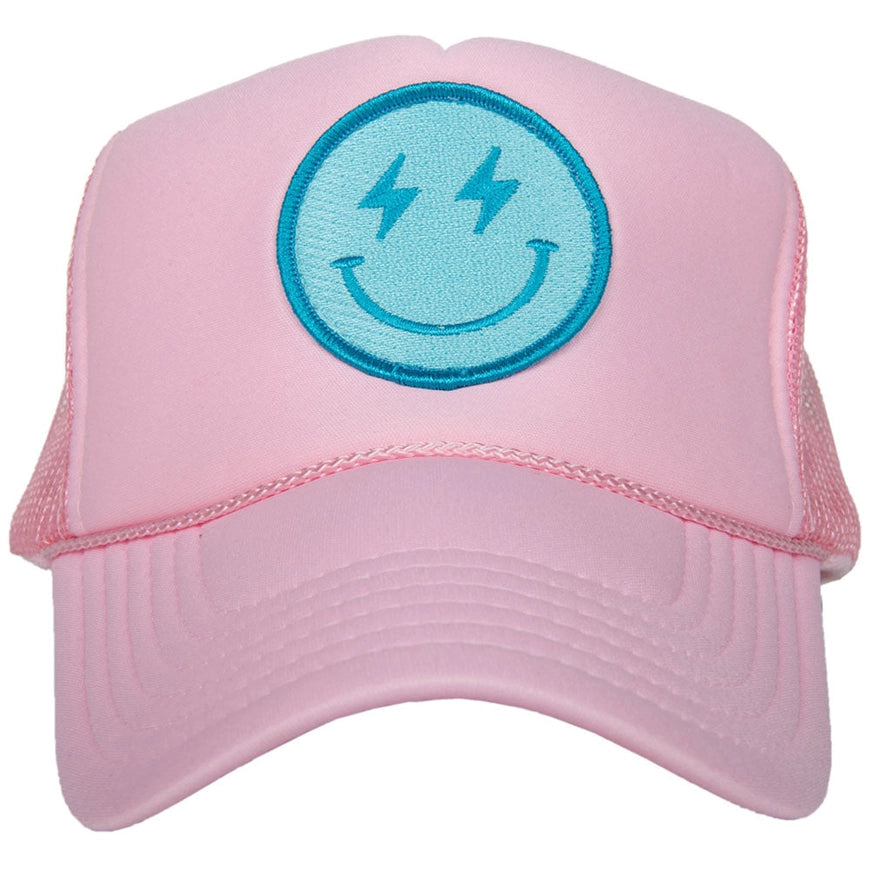 Pink With Aqua Lightning Happy Face Tween/Adult Trucker Hat