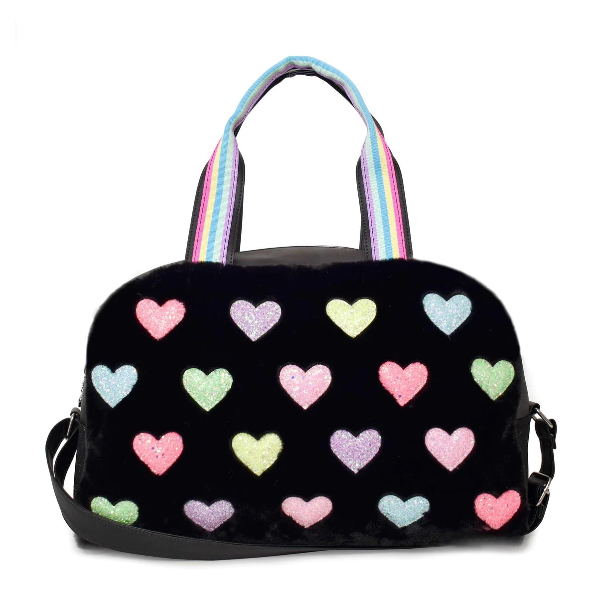 Glam Medium Plush Duffle Bag - Black Hearts