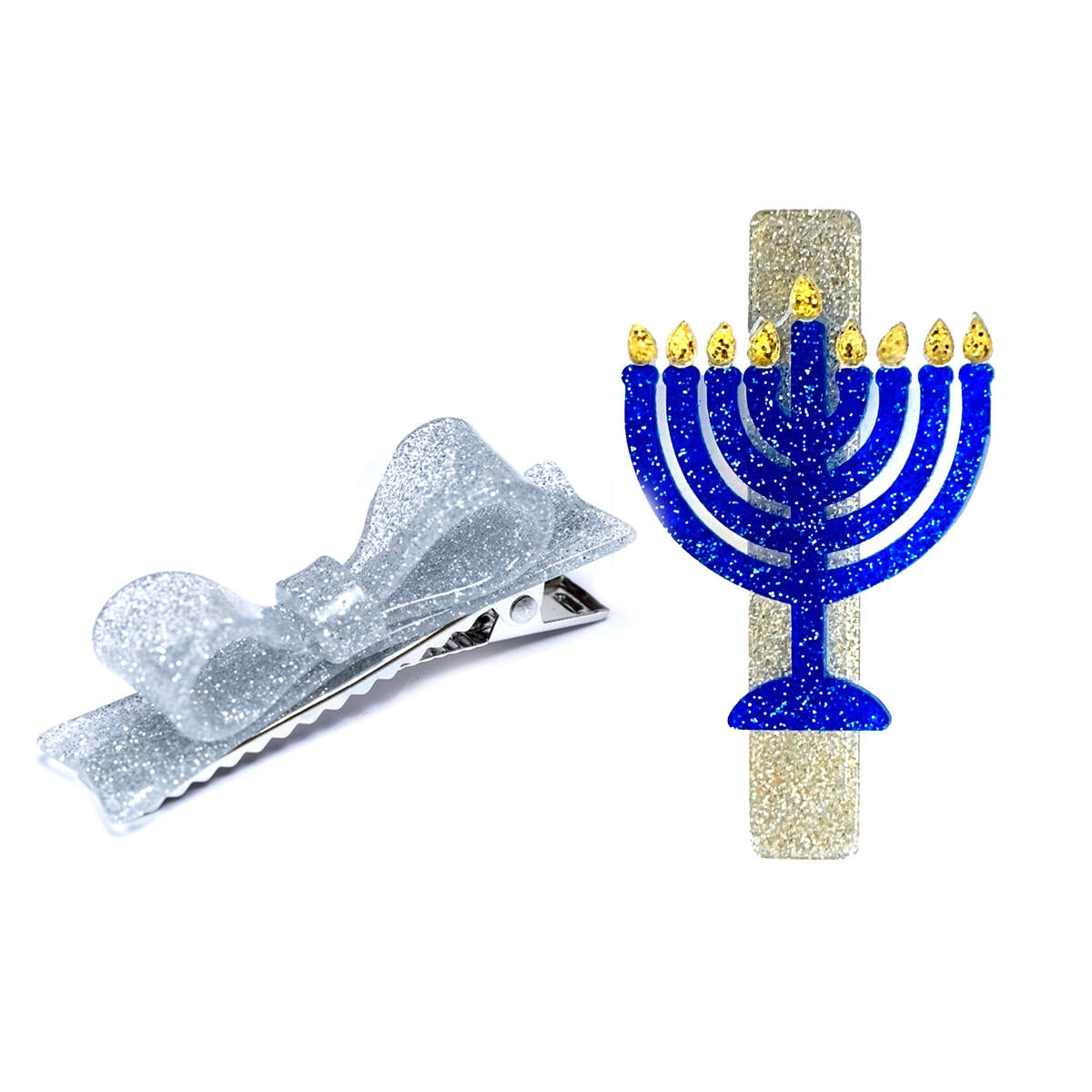 Lilies &amp; Roses Menorah + Silver Bow Hair Clips - Set Of 2