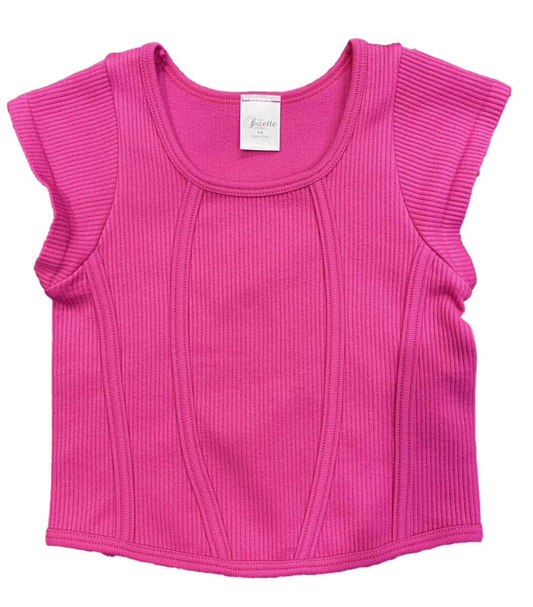 Suzette Collection Ribbed Cap Sleeve Top- Hot Pink