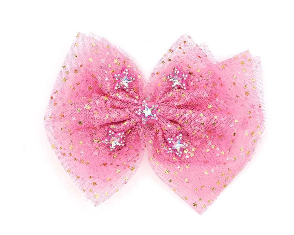 Bari Lynn 5&quot; Star Print Tulle Bow with Crystal Charms - Hot Pink