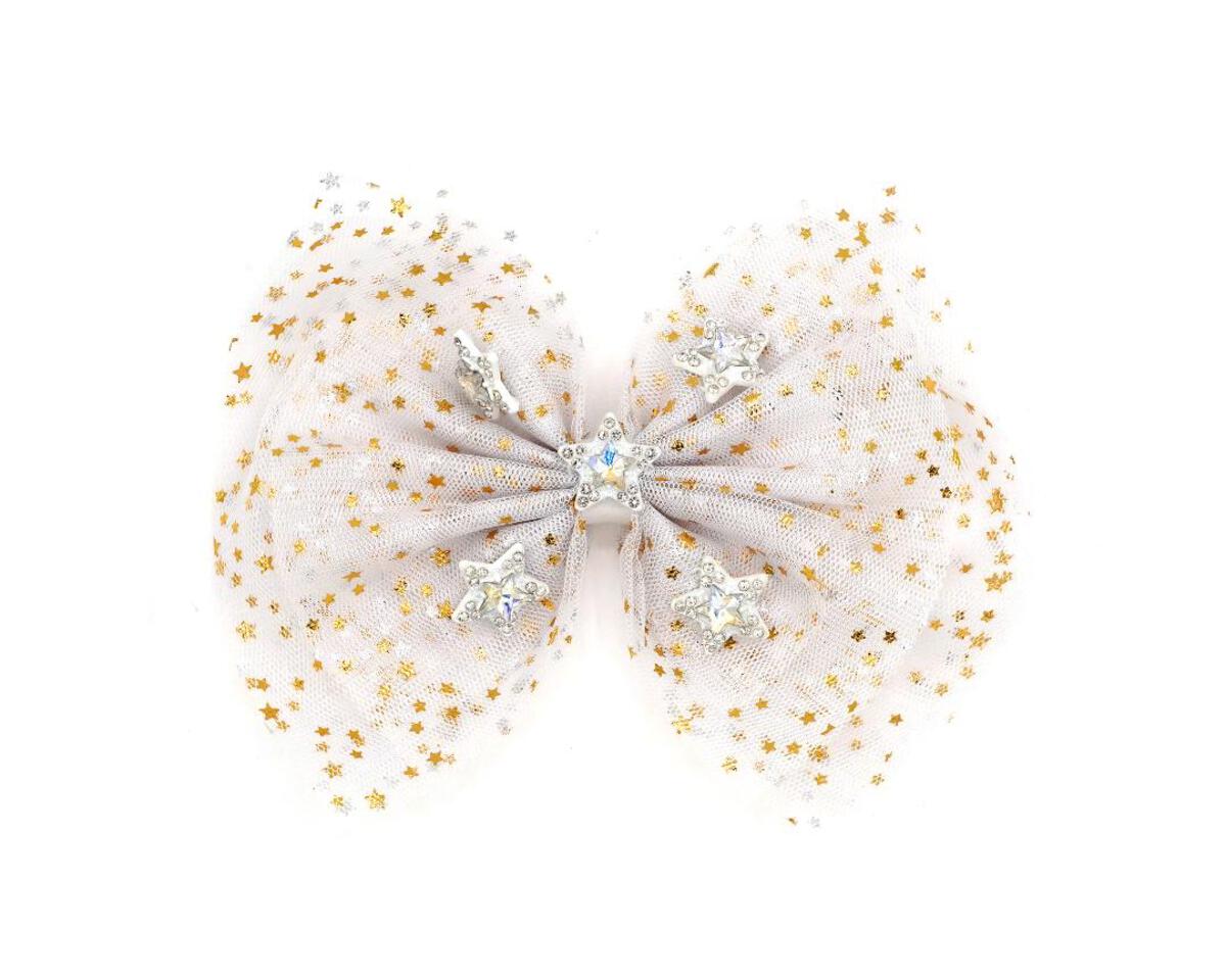 Bari Lynn 5&quot; Star Print Tulle Bow with Crystal Charms - White