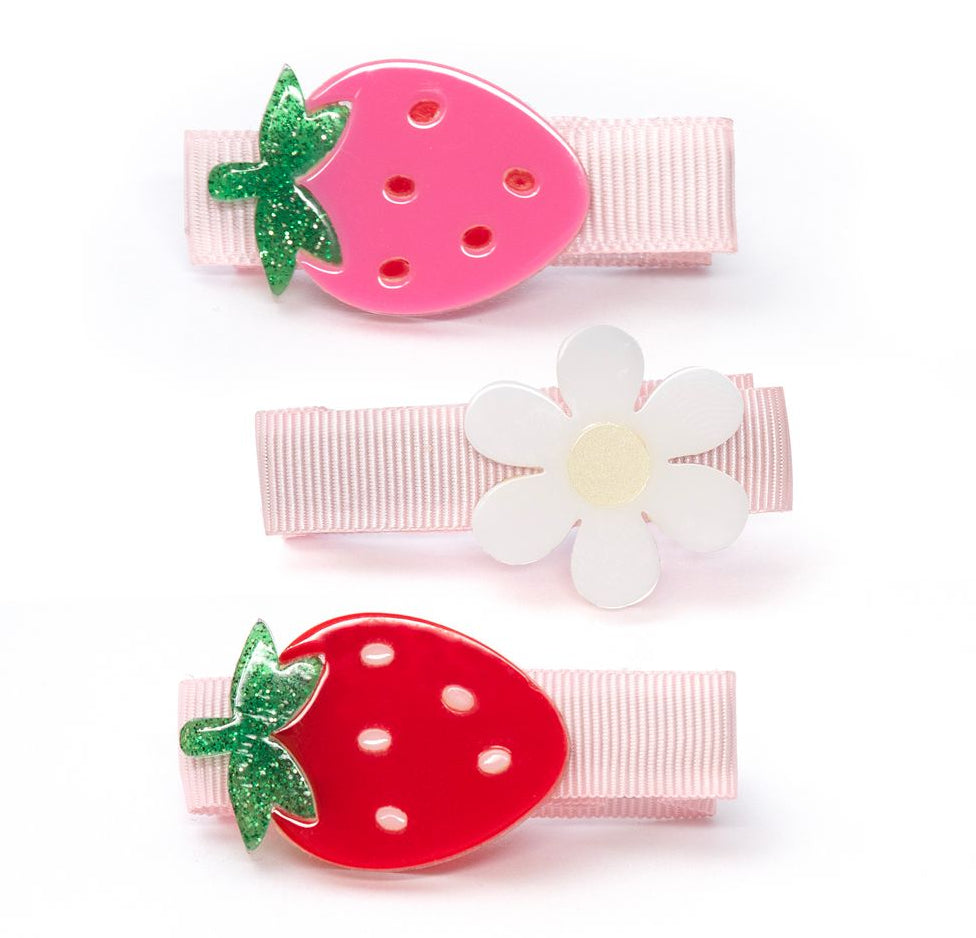 Lilies & Roses Little Strawberry Daisy Pink and Red Hair Clip Set