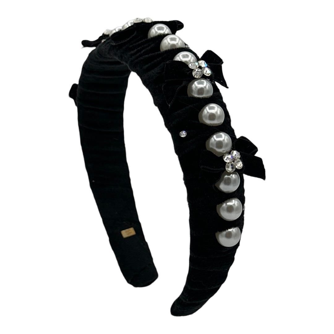 Bari Lynn Velvet Crystalized Bows + Pearls Headband - Black
