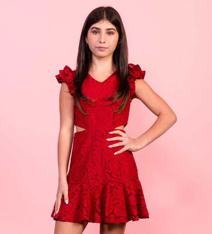Miss Behave Girls Candice Side Cut Out Ruffle Dress- Red Lace