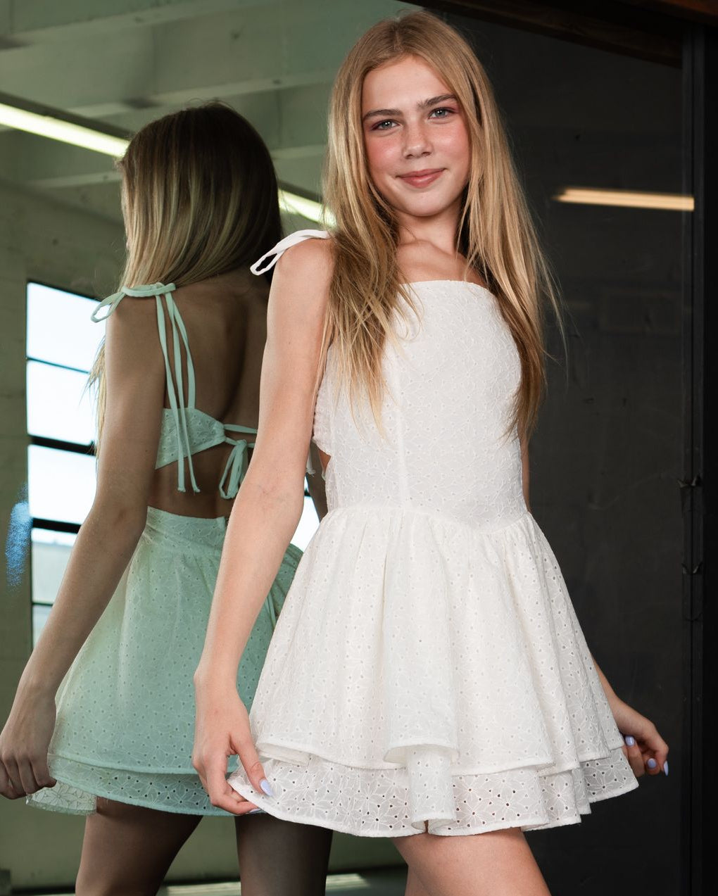 Miss Behave Girls Olive Dress - White Eyelet