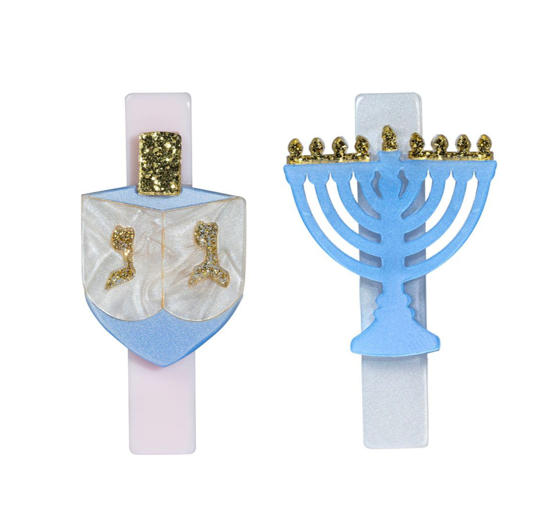 Lilies &amp; Roses Menorah + Dreidel Hair Clips - Set Of 2