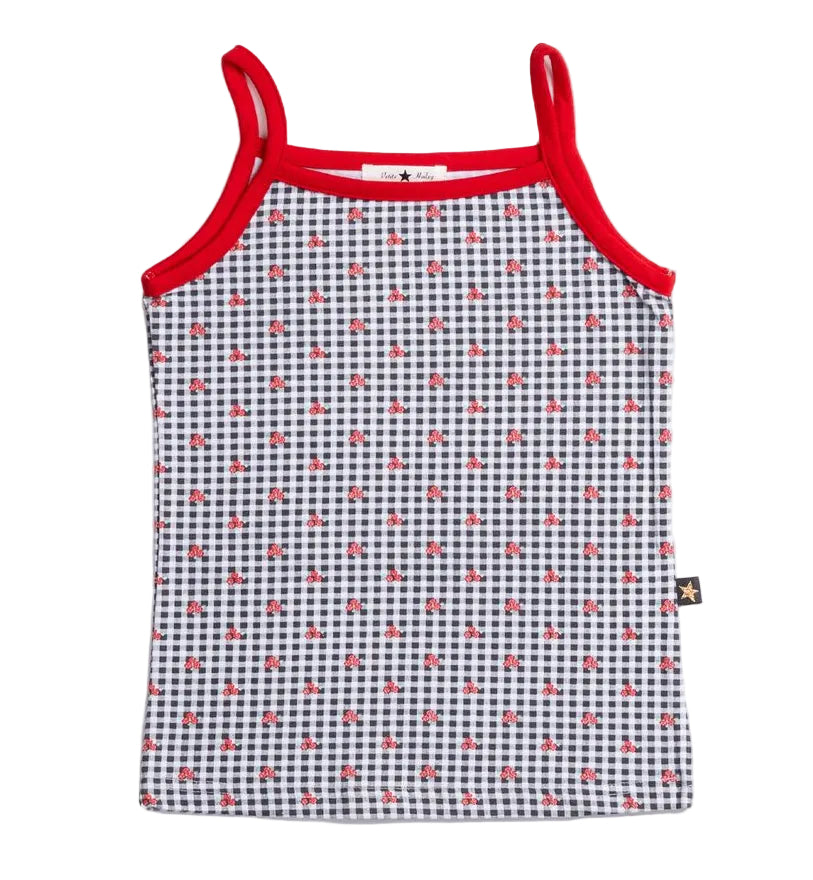Children's tank top with red straps and black and white pattern on a white background