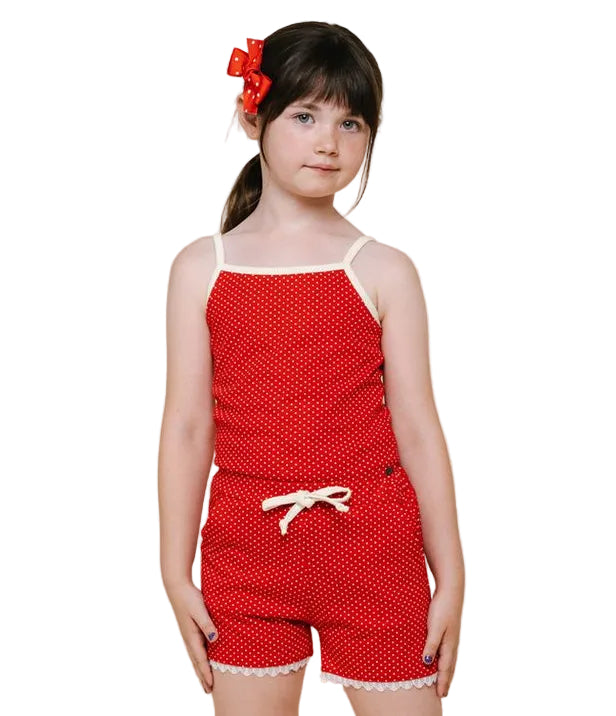 little girls knit short set in red and white dot print