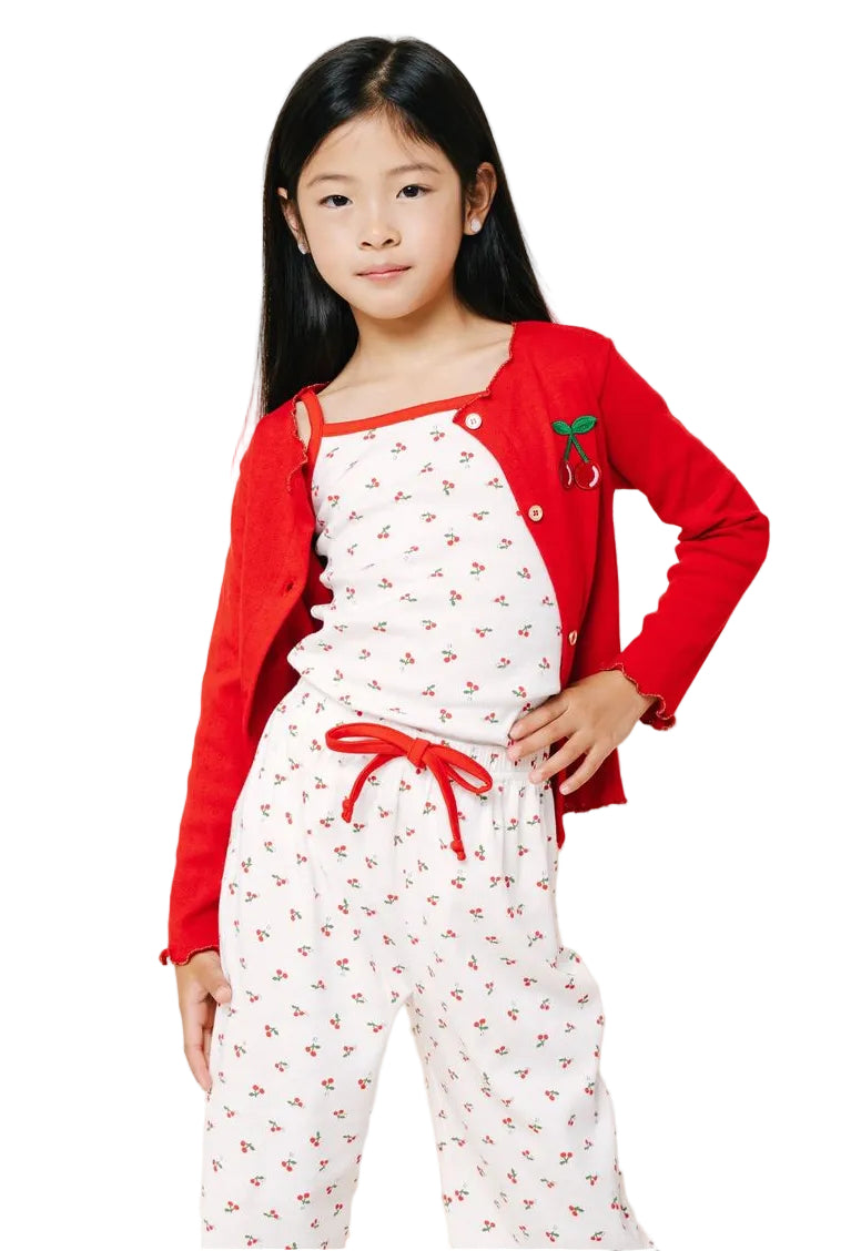 toddler girls cute cherry print outfit with tank top, pant, and cardigan 