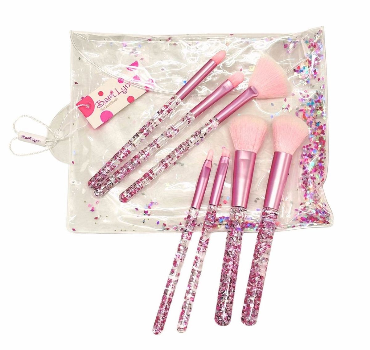 Set of pink makeup brushes with glittery accents in a clear drawstring bag.