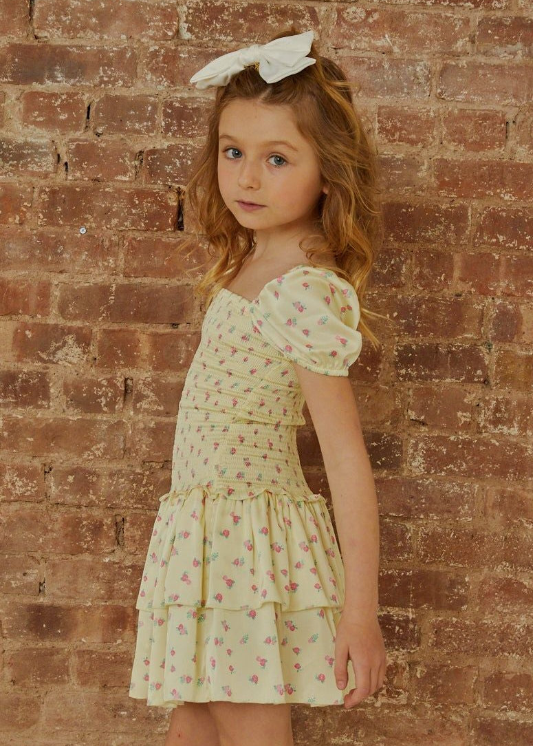 Theme NYC Lexi Yellow Ditsy Satin Smocked Ruffle Dress