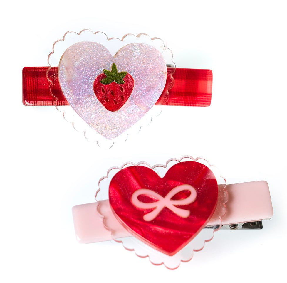 Lilies & Roses Hearts Pink & Red Strawberry Pearl Hair Clip Set