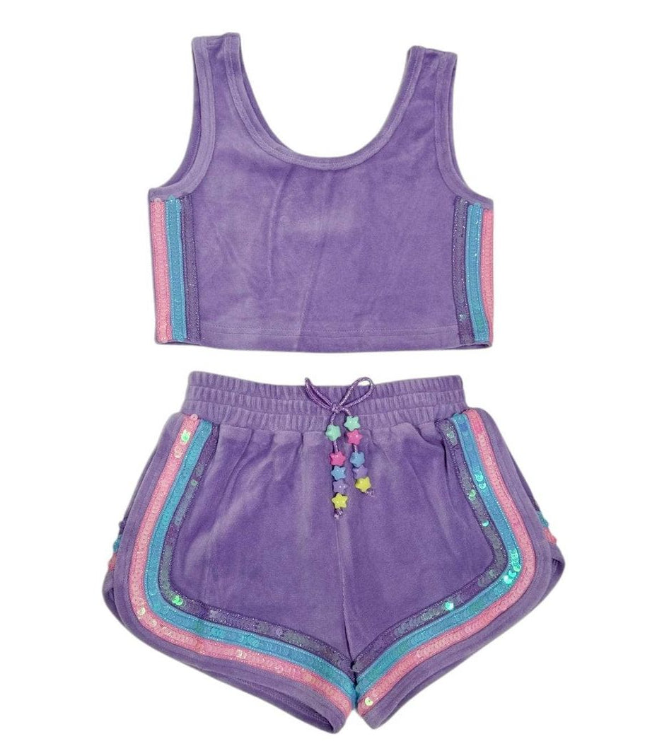 Lola and The Boys Rainbow Velour Sequin Tank Set- Lavender