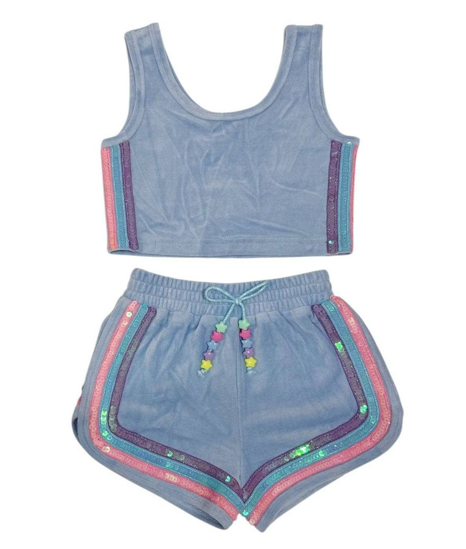 Lola and The Boys Rainbow Velour Sequin Tank Set- Blue