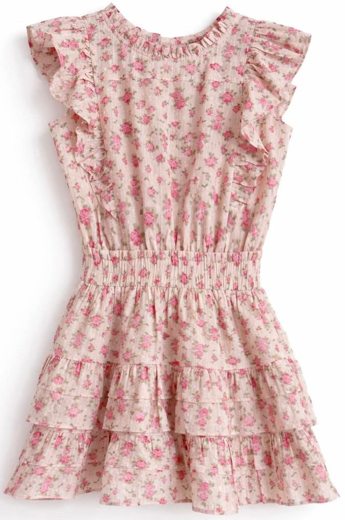 Floral dress with ruffled sleeves on a white background