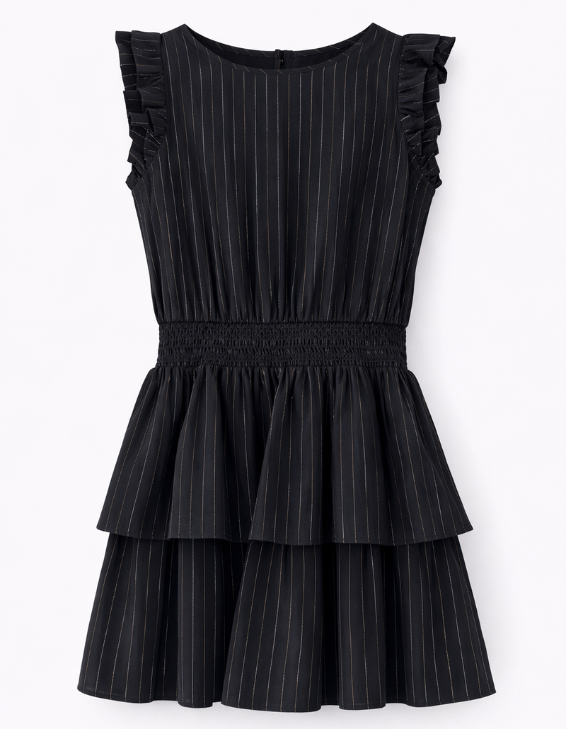 A sleeveless black dress with thin white vertical pinstripes, featuring ruffled cap sleeves, a smocked waist, and a tiered flared skirt, shown against a plain white background.