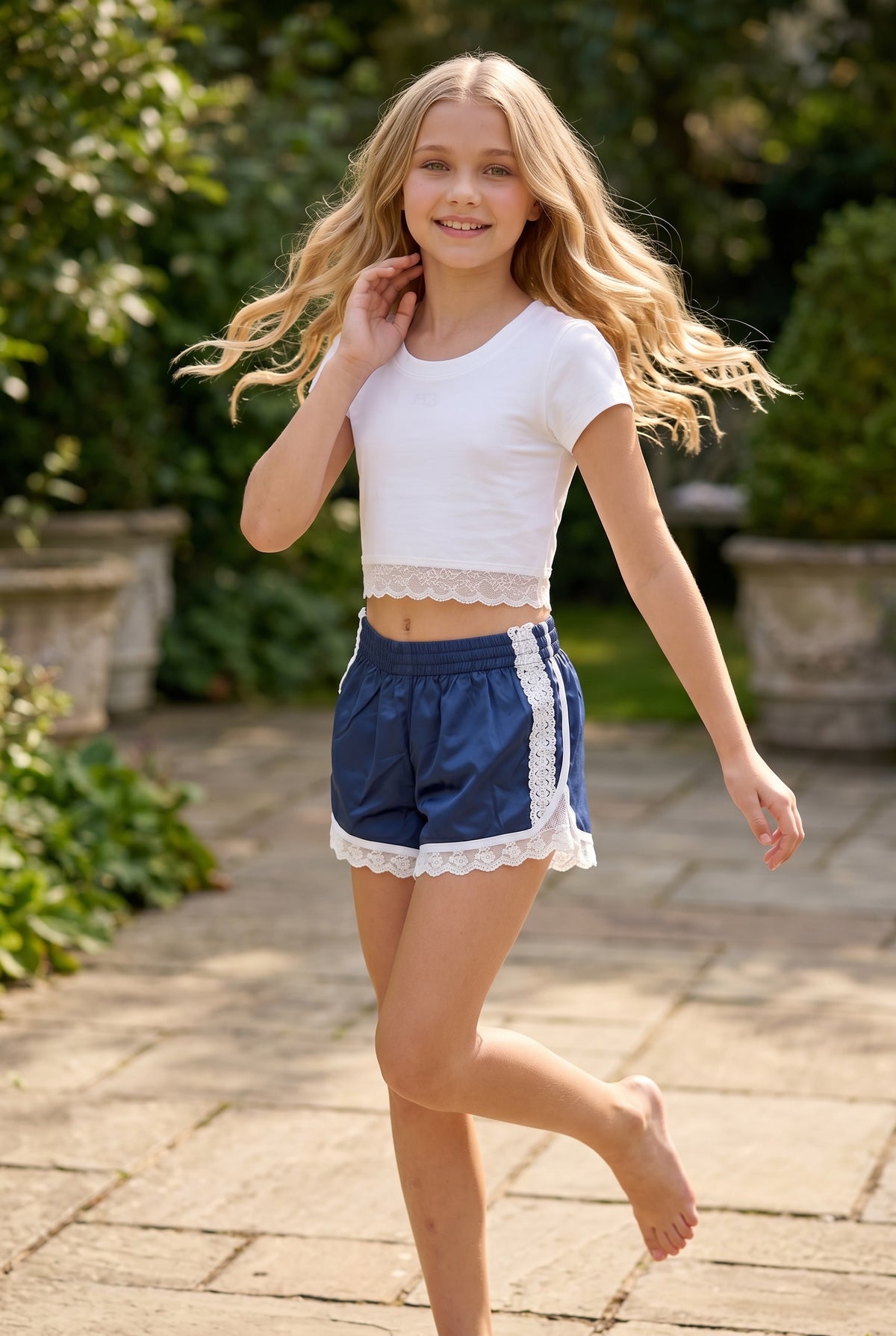 KatieJ NYC Birdie Lace Trim Shorts Evening Blue | Tween Girls