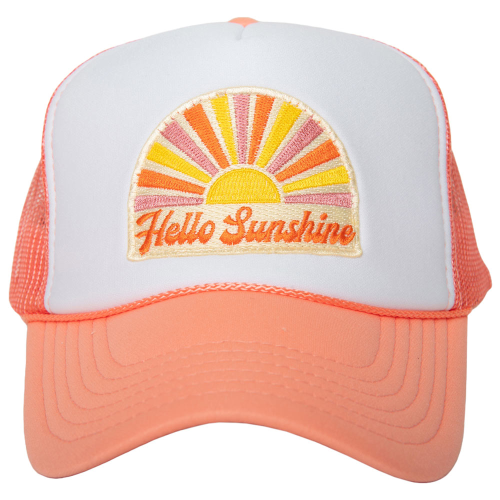 tween girls trucker hat in coral with hello sunshine patch 