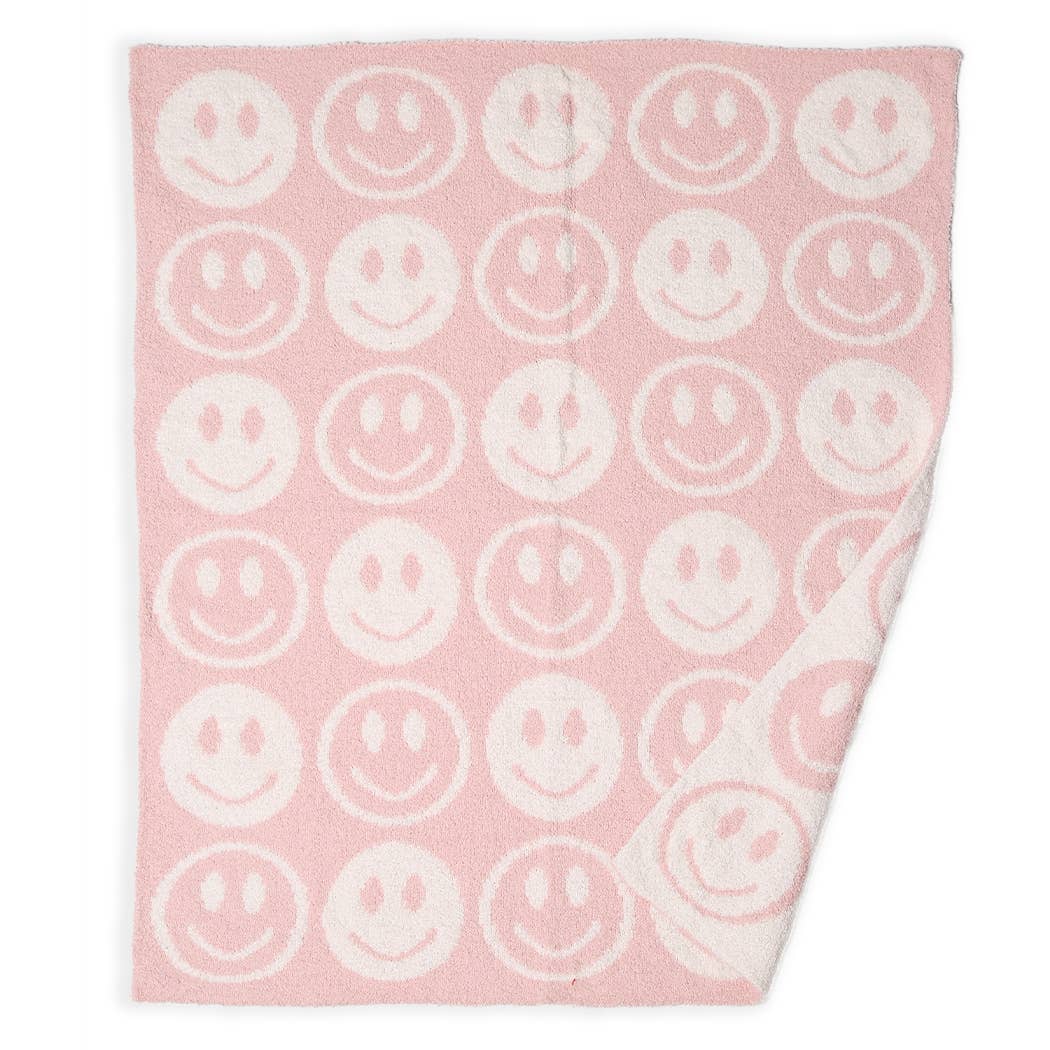 Happy Face Patterned Throw Blanket 50 X 60-  Baby Pink