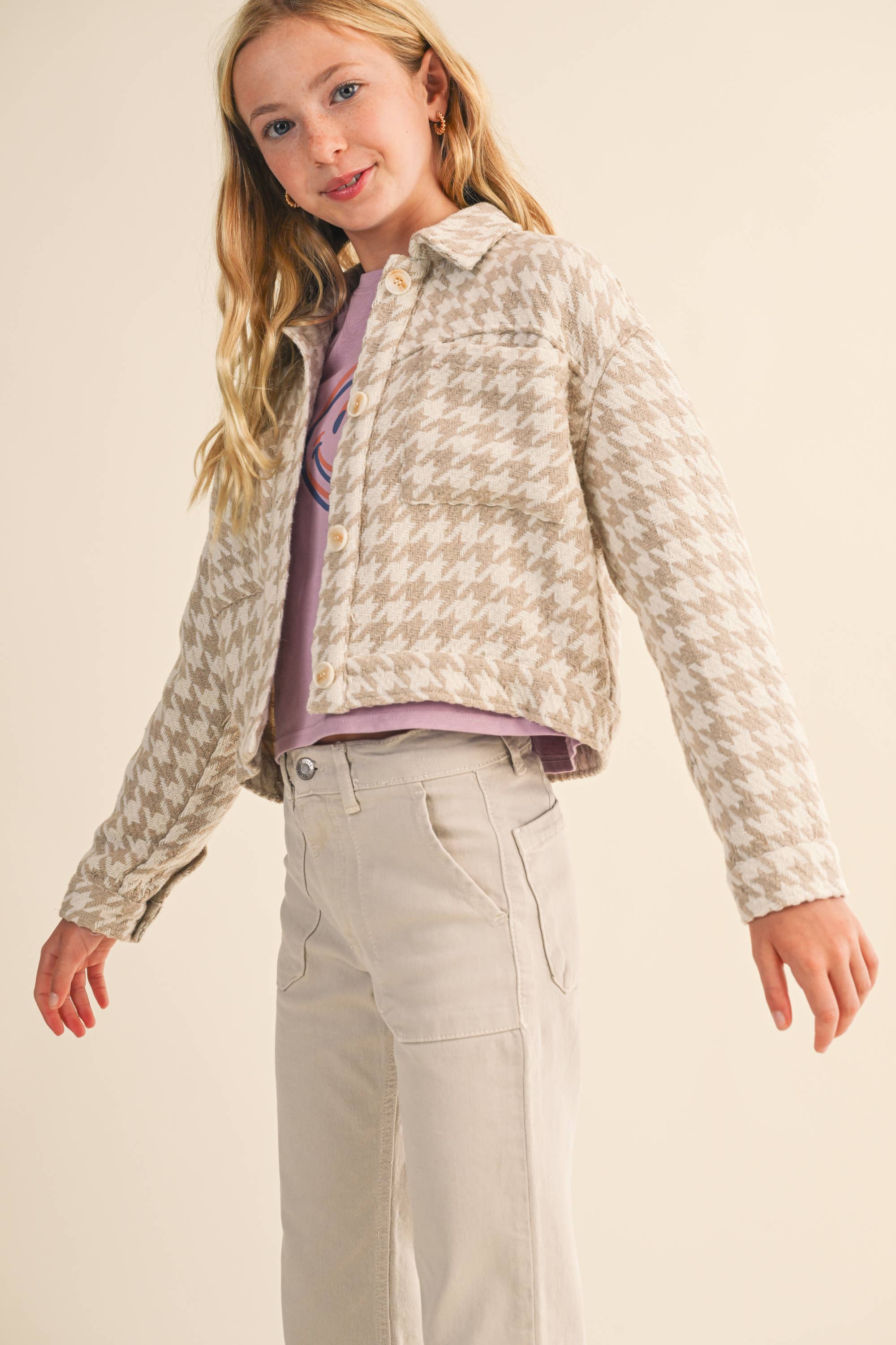 Heart & Arrow Tween Cropped Jacket- Tan Houndstooth