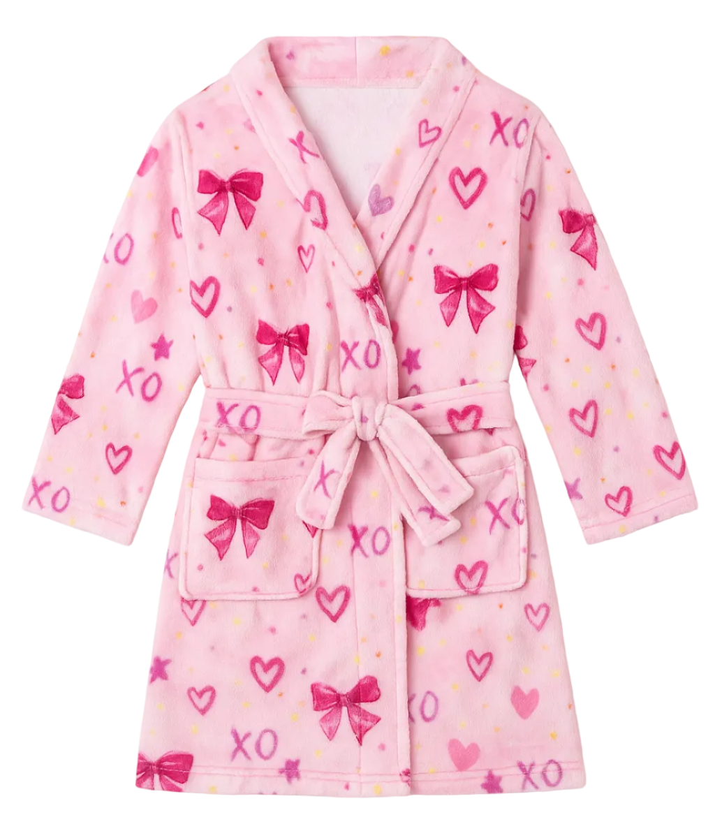 Pink robe with heart, bow, and 'XO' pattern on a white background