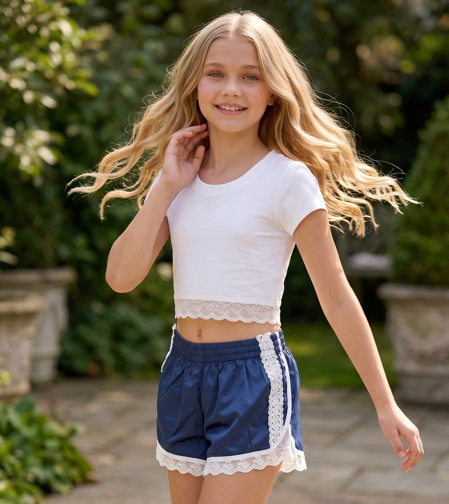 KatieJ NYC Tween Birdie Satin Lace Trim Short- Evening Blue