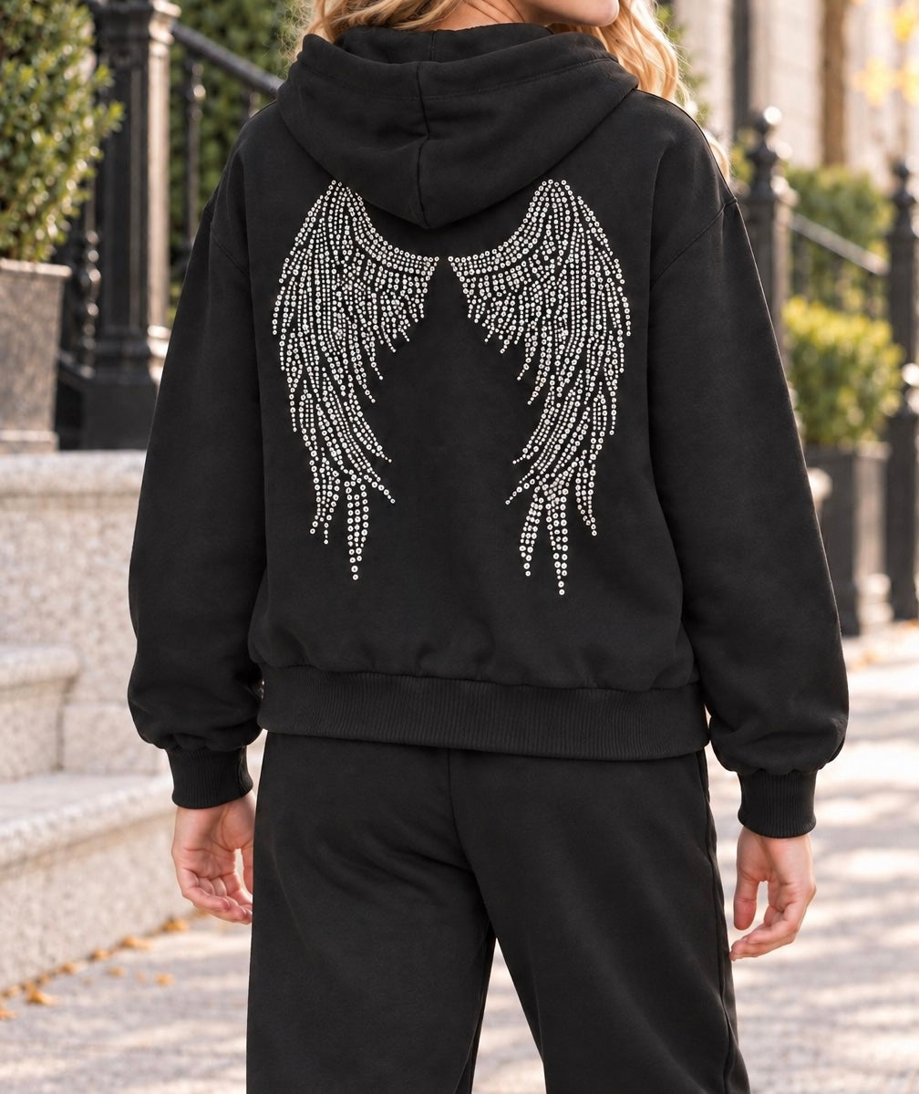 KatieJ NYC Ryan Hoodie With Angel Wings & Lace Hood – Black