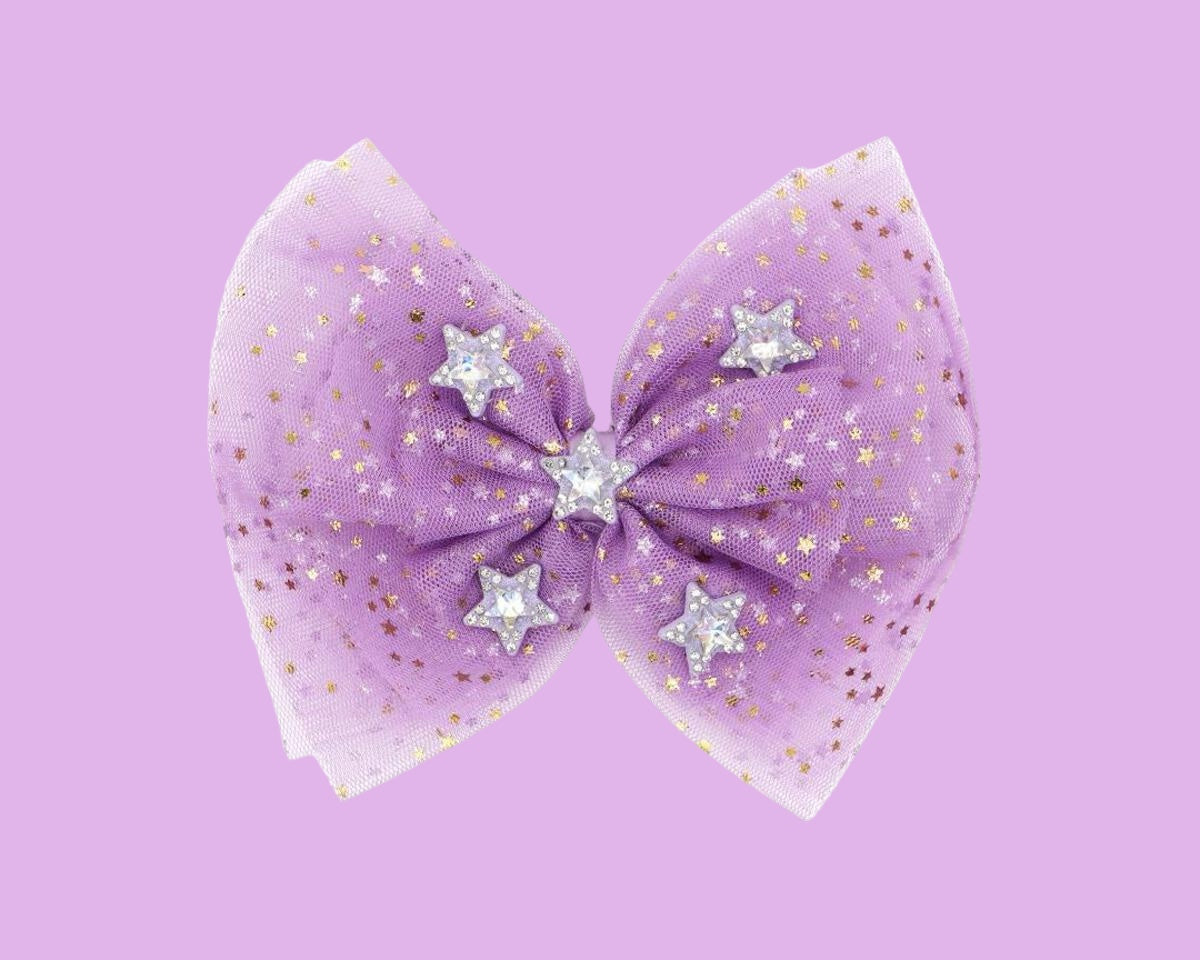 Bari Lynn 5&quot; Star Print Tulle Bow with Crystal Charms - Lavender