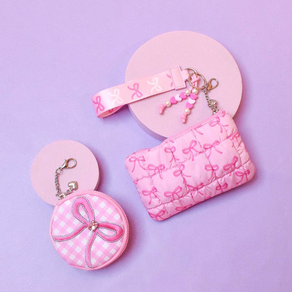 Quilted Scrunchies 3 Piece Coin Purse & Keychain Set- Pink Bow