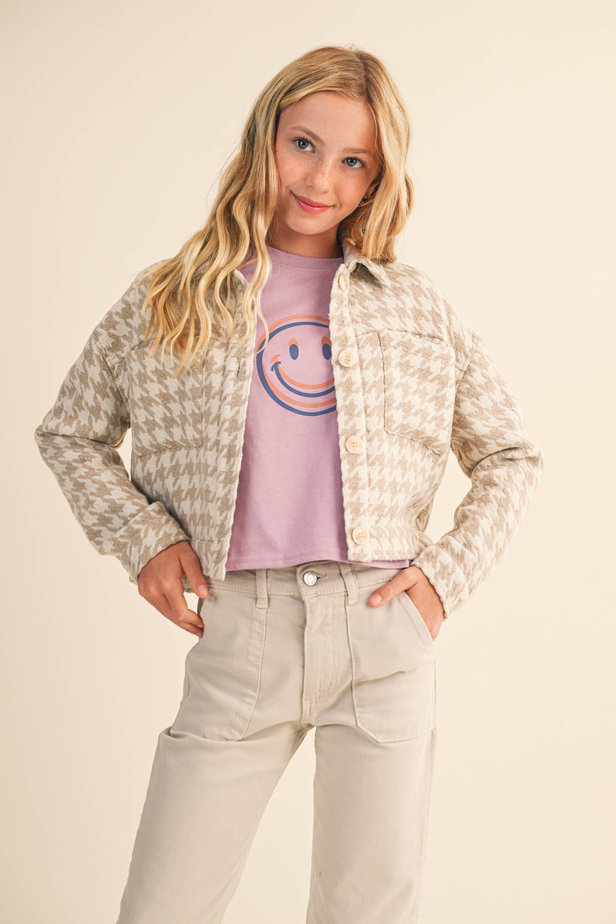 Heart & Arrow Tween Cropped Jacket- Tan Houndstooth