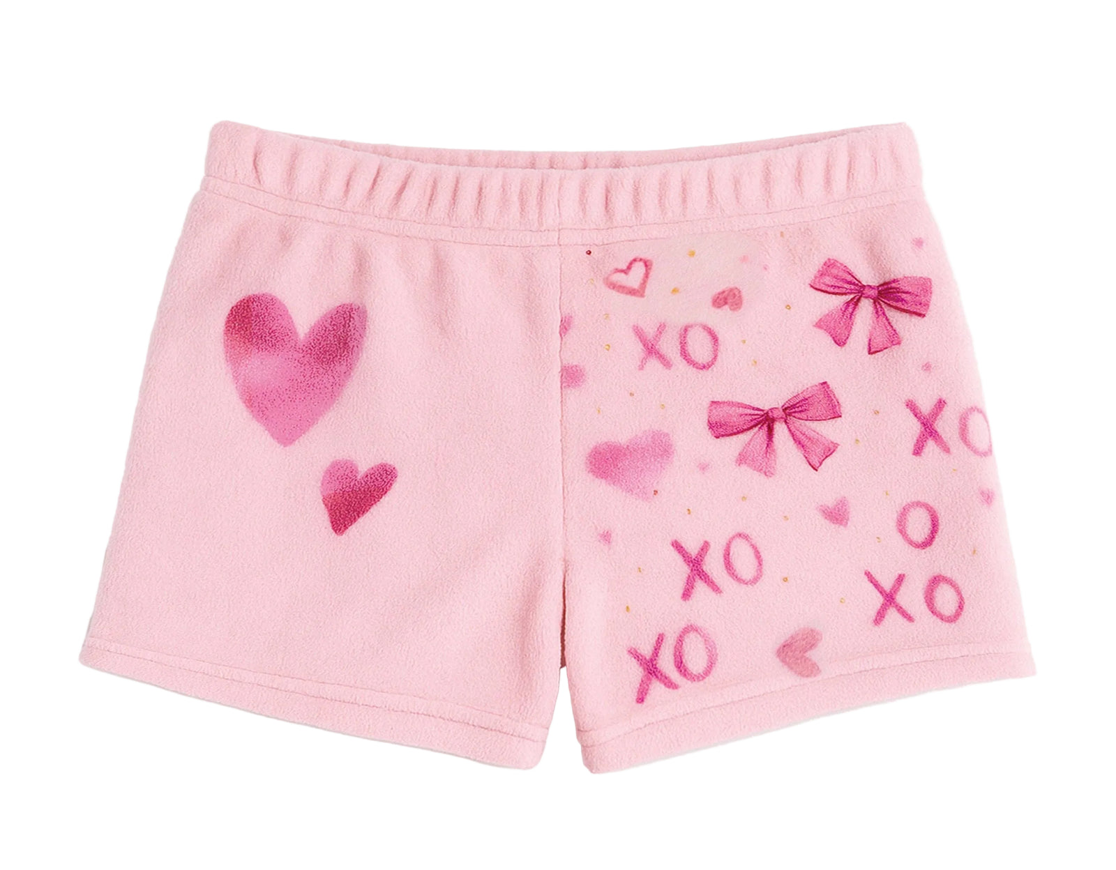 Pink shorts with heart and bow designs on a white background