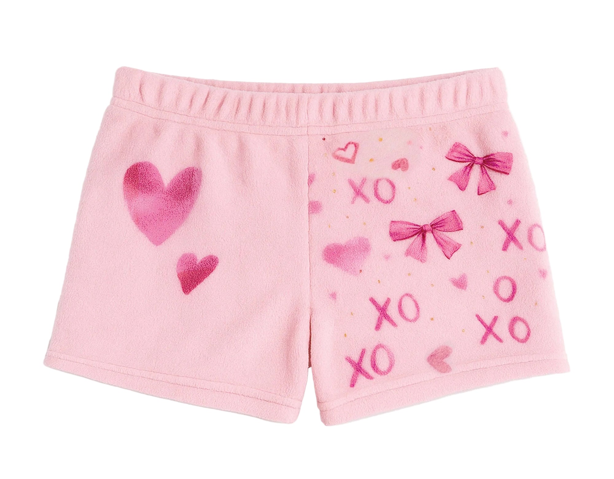 Pink shorts with heart and bow designs on a white background