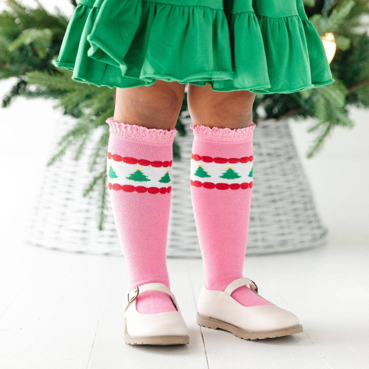 Little Stocking Co. Pink Tree Lace Top Knee High Socks