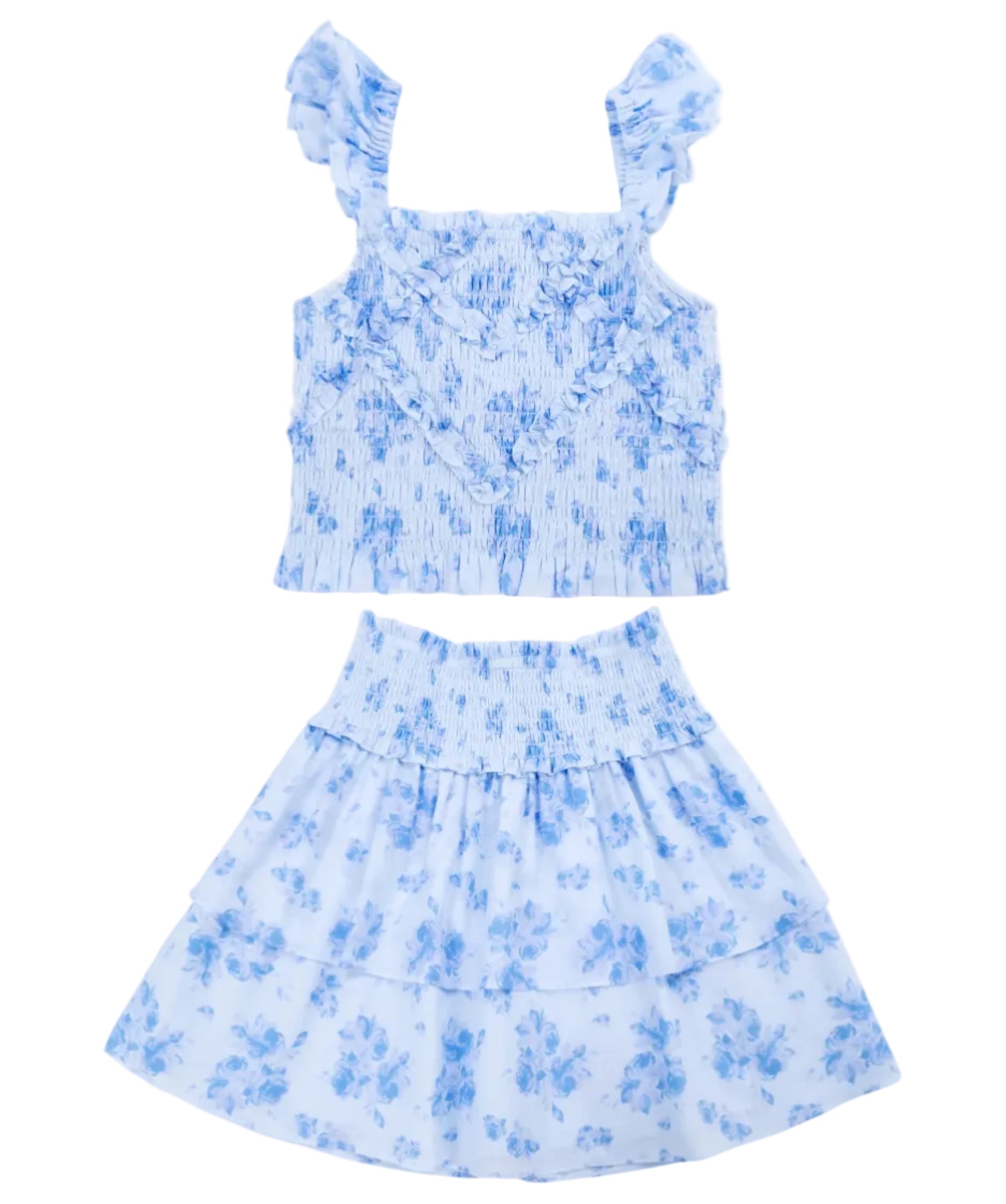 Blue floral tween dress set on a white background
