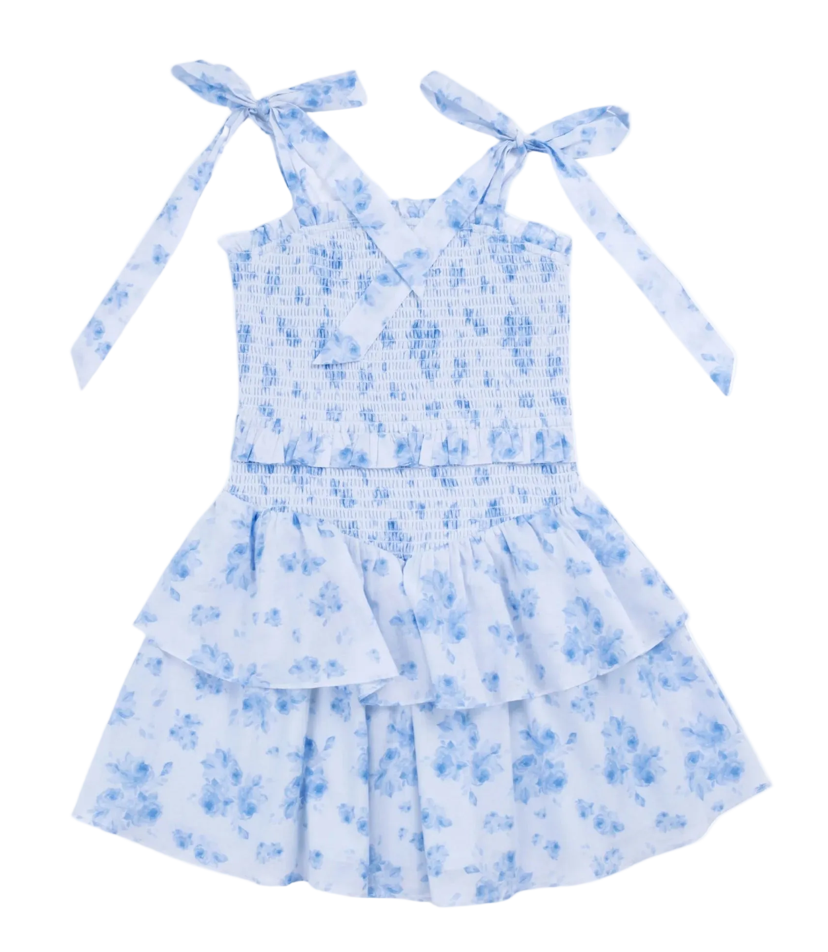tween girls Blue floral dress with ribbon straps on a white background by j. marie