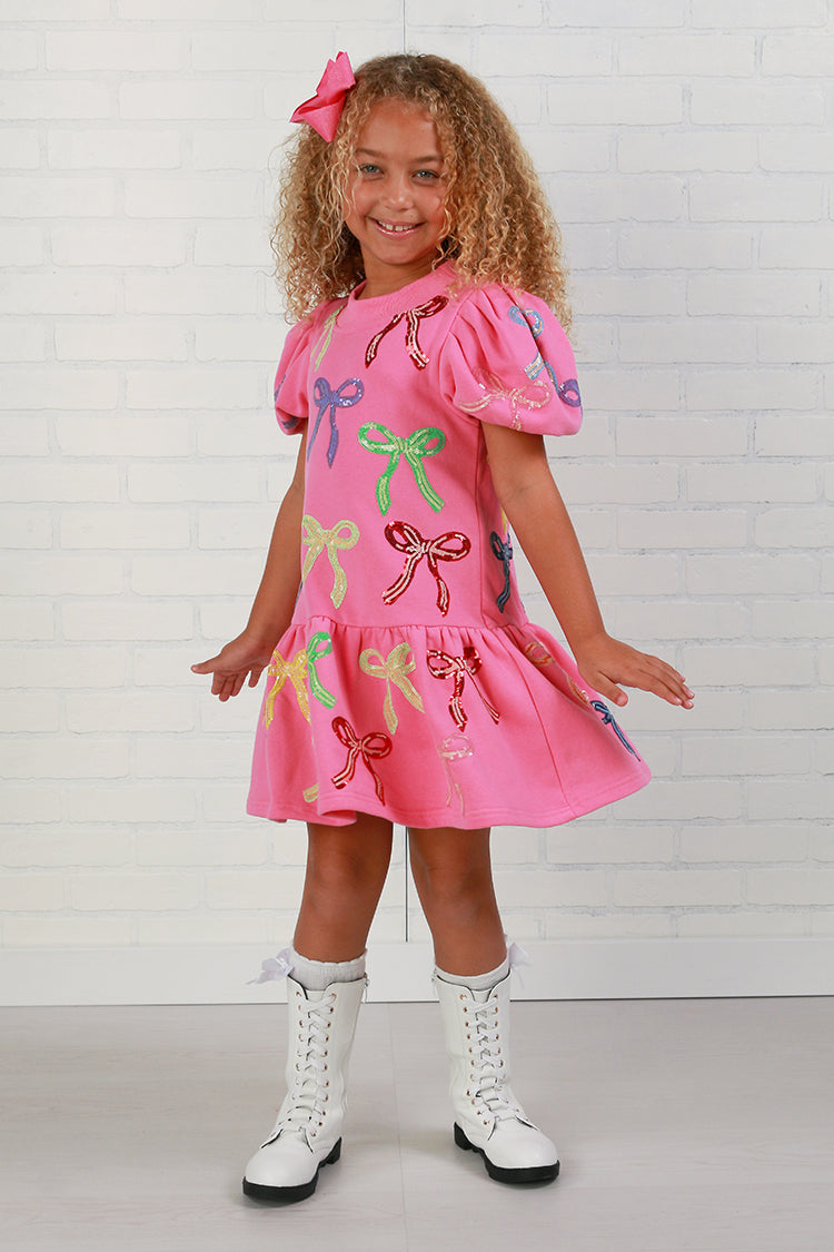 Queen Of Sparkles Kids Pink Bow Puff Sleeve Dress