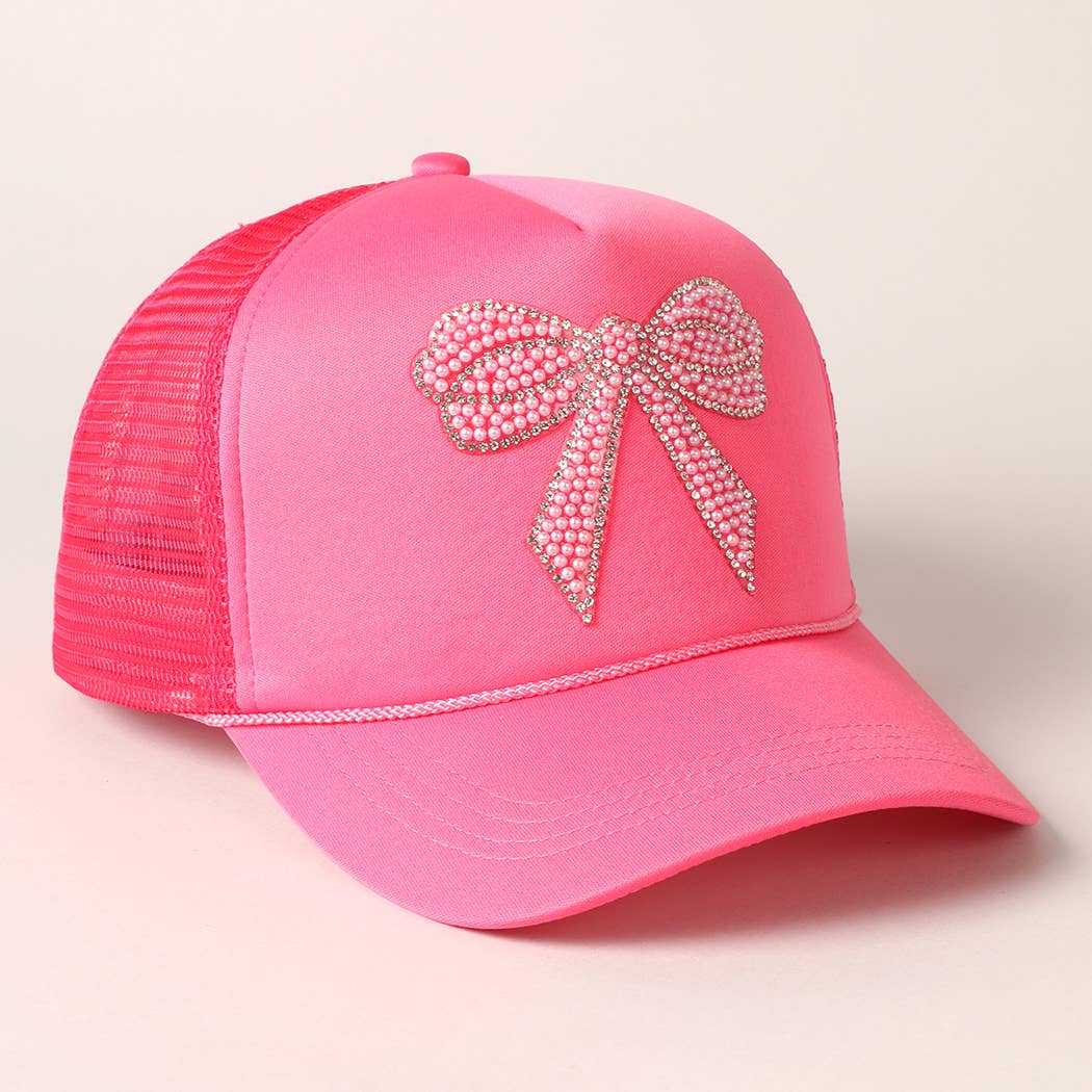 Rhinestone Bow Patch Trucker Hat- Hot Pink