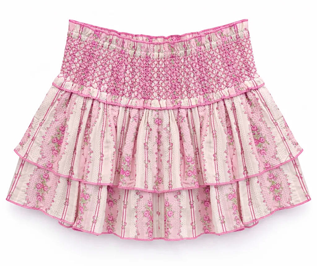 KatieJ NYC Dominique Smocked Waist Ruffle Skort - Baby Pink Cottage Stripe * Built In Shorts