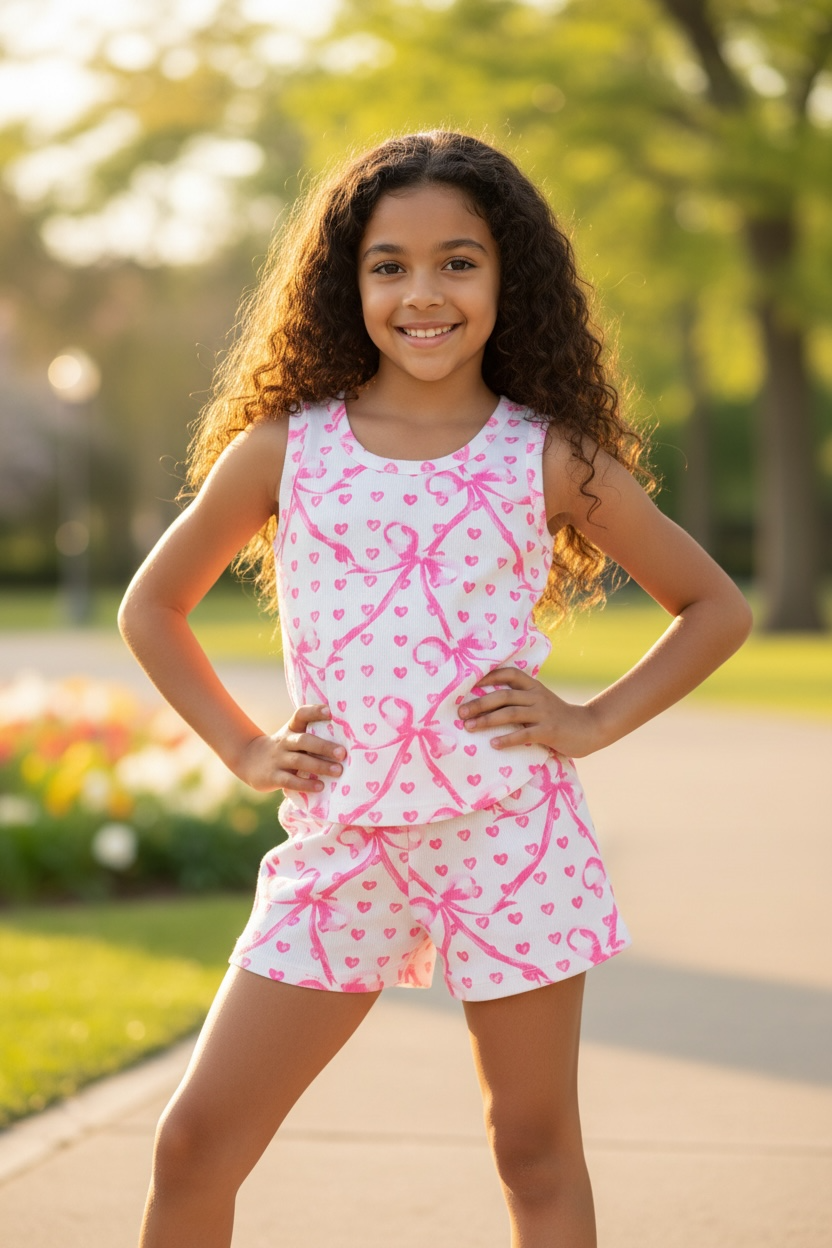tween girl wearing flowers by zoe pink bow and heart print tank top and short