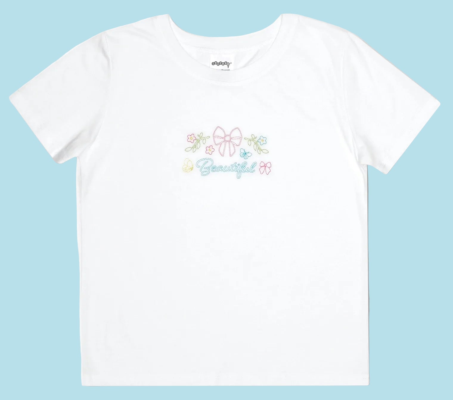 White t-shirt with colorful graphics and text on a white background