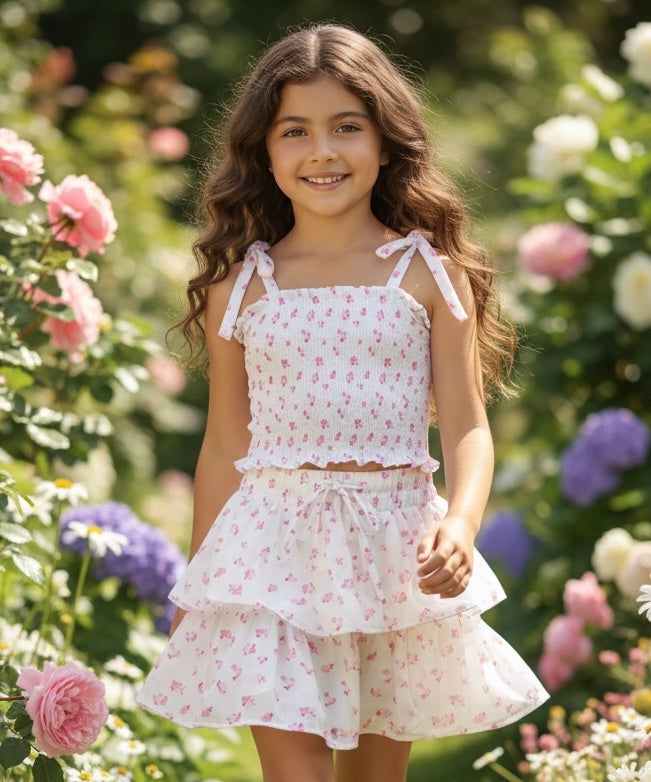 Theme NYC White With Pastel Pink Ditsy Satin Skirt