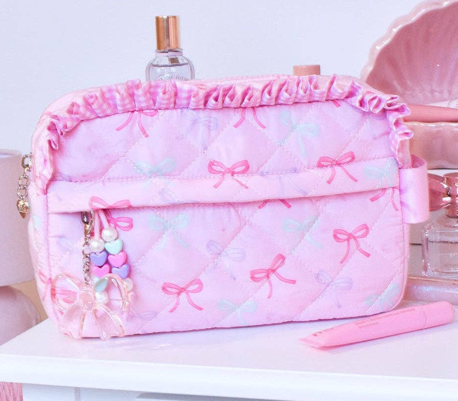 Quilted Bow Printed Pouch with Charm- Pink & Lavender