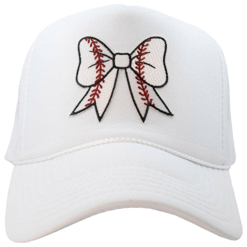 Baseball Bow Coquette Patch Trucker Hat-White