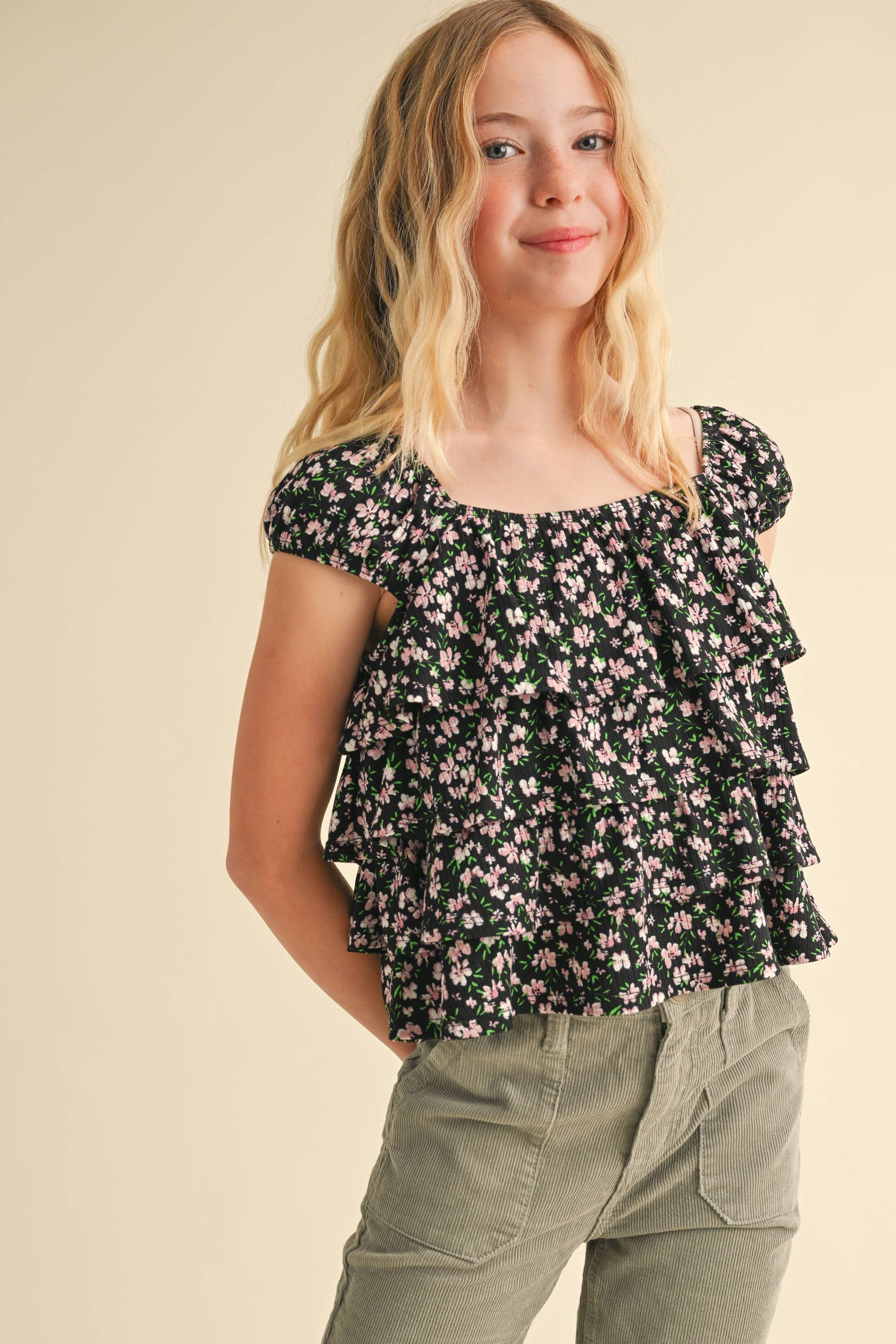 Heart & Arrow Tween Floral Ruffle Top