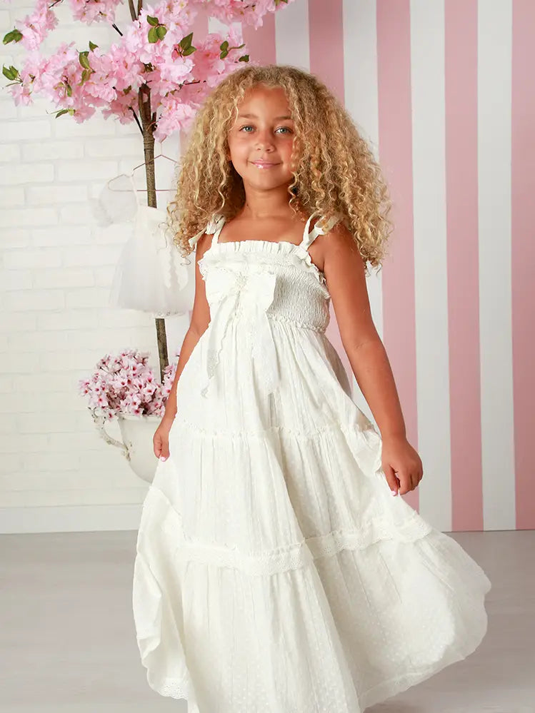 Ooh! La, La! Couture White Swiss Dot Maxi Dress with Bow – Girls Special Occasion Dress 8