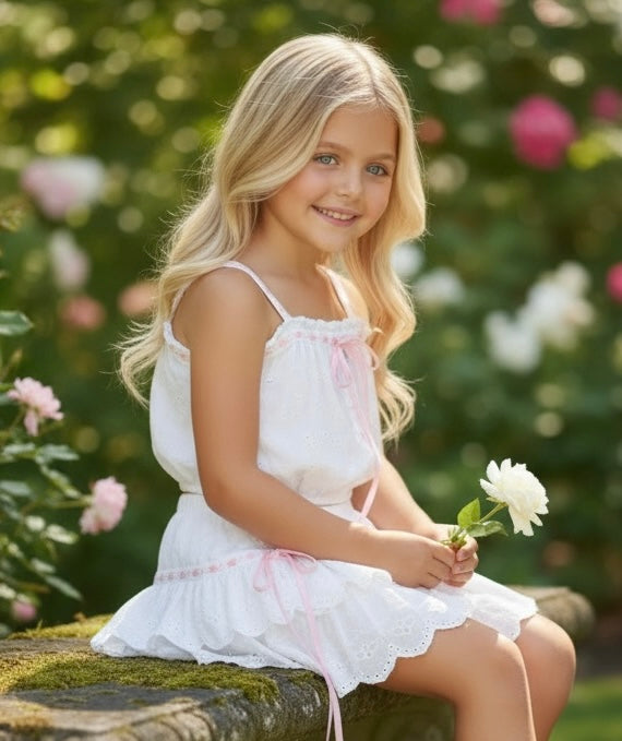 white tween girls skirt with pink trim KatieJ tiered ruffle skirt