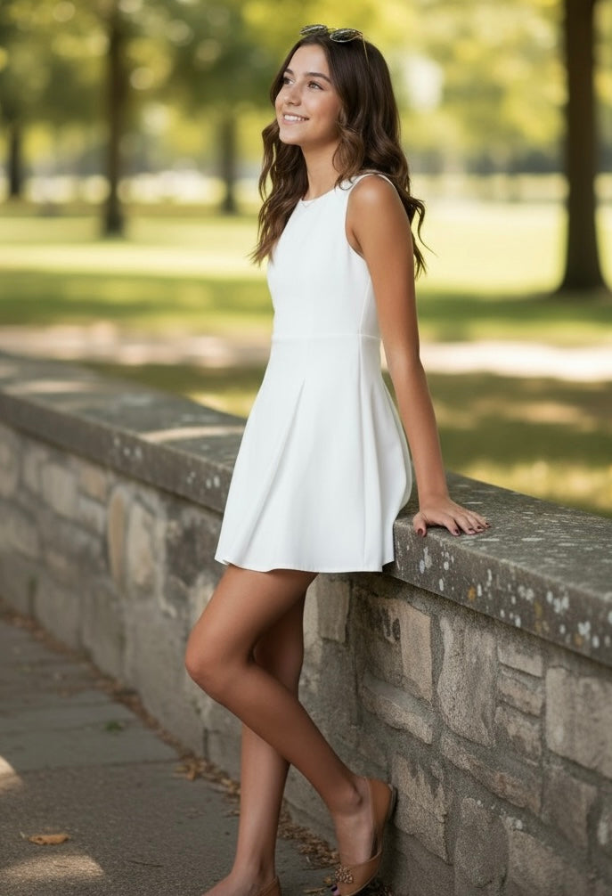 tween girl wearing white graduation dress in the park